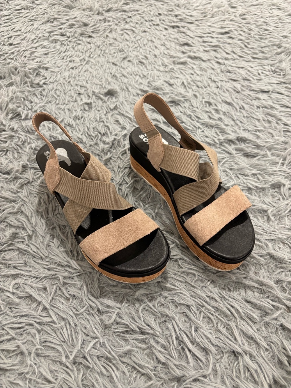 Sorel Women’s Cameron Flatform Cork Wedge Slingback Sandals Tan Black Size 7.5